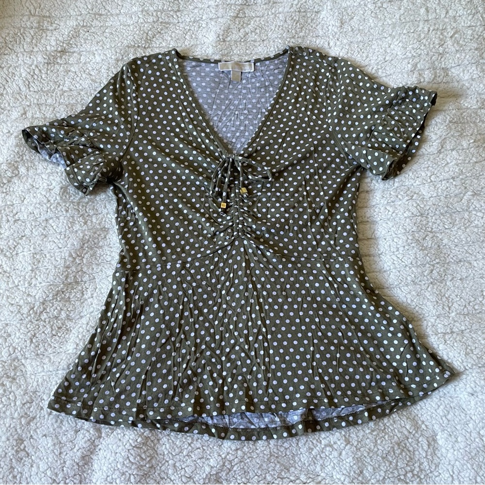 MICHAEL Michael Kors Olive Green and White Polka Dots Fit and Flare V Neck Top